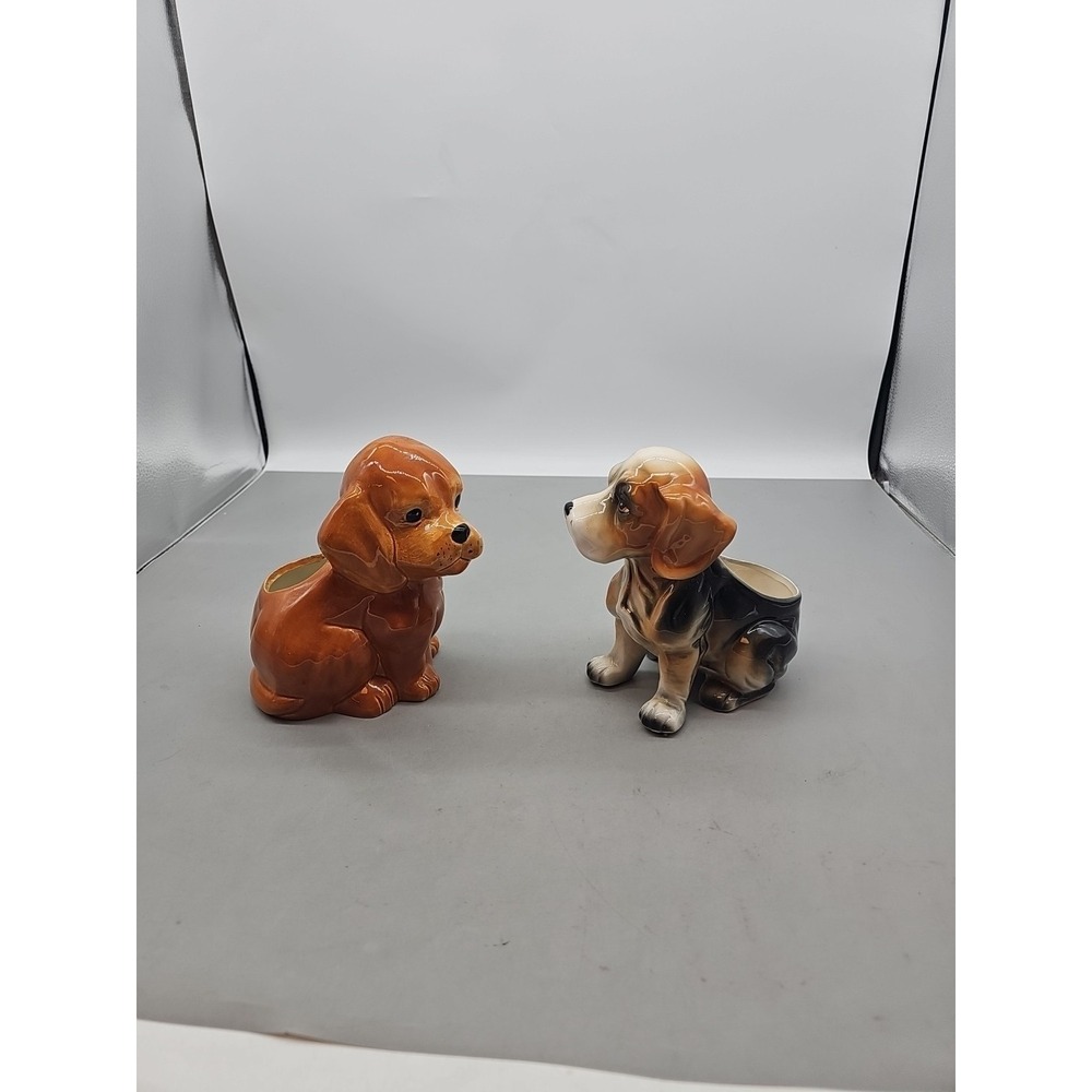 Vtg Ceramic‎ Hand Painted Beagle Dog Planter Japan 7 1/2" X 3 1/2" Lot Of 2